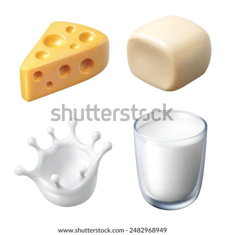 Dairy products isolated on a white background. Glass of milk, splashes of milk, white and yellow cheese. Realistic 3d vector in cartoon style