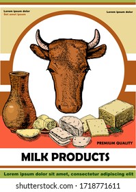 Dairy products isolated vector. A jug of milk, homemade butter, a sandwich, soft and yellow hard cheese. The heads of the cow. Concept for design label, signboard, poster. Retro style.