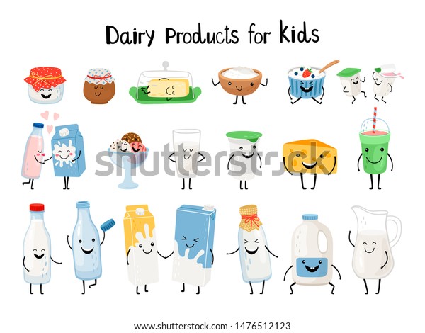 子供向けの乳製品 子ども用のスナッキング かわいい有機ヨーグルトと牛乳 おいしいバターとチーズクリームのキャラクターベクターイラストを背景に のベクター画像素材 ロイヤリティフリー