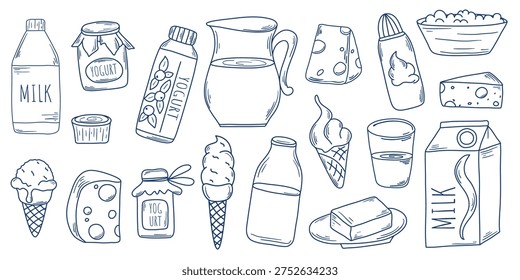 Dairy products, large set, doodle sketch style. Food items including cottage cheese, butter, cheese, yogurt, ice cream and whipped cream – hand drawn clip art. Vector graphics