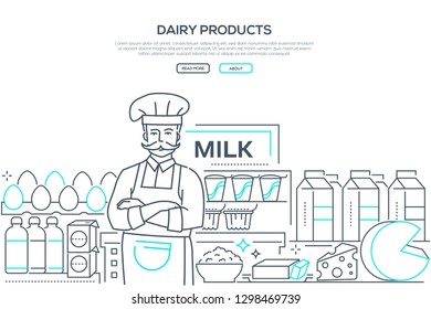 Dairy products - line design style web banner on white background with copy space for text. High quality composition with a dairyman, images of cheese, butter, cartons of milk. Organic food concept