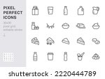 Dairy products line icon set. Jug, kefir, eggs, cow udder, cottage cheese, bottle, yogurt, cheddar minimal vector illustration. Simple outline sign for milk food. 30x30 Pixel Perfect, Editable Stroke