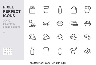 Dairy products line icon set. Jug, kefir, eggs, cow udder, cottage cheese, bottle, yogurt, cheddar minimal vector illustration. Simple outline sign for milk food. 30x30 Pixel Perfect, Editable Stroke