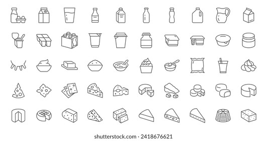 Dairy products line icon set. Cottage cheese, sour cream, porridge, kefir, parmesan, mozzarella, gouda, yogurt vector illustrations. Simple outline signs for healthy milk food. Editable Stroke