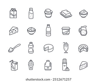 Dairy products line icon set. Simple symbols with milk, cheese, butter, cream, ice cream and cottage cheese. Editable stroke. Outline vector illustration collection isolated on white background