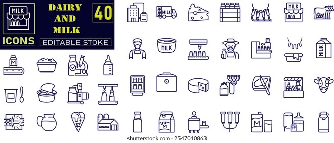 Dairy products line icon set. Cottage cheese, sour cream, porridge, kefir, parmesan, mozzarella, gouda, yogurt vector illustrations.