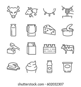 Dairy products line icon set. Included the icons as cow, cheese, yogurt, milk, ice cream, butter and more.