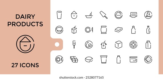 Dairy Products line icons set. Includes milk, cheese, Butter and More. Outline icons collections. Editable stroke and pixel perfect. Vector illustration.