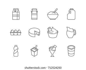 Dairy products line icons set with milk, yogurt, cheese, ice cream, eggs.