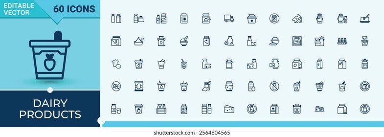 Dairy Products linear icon collection. Featuring glass, organic, milking, yogurt, pack, ice, milk and more. Collection for mobile and web apps. Vector illustration in modern line style.