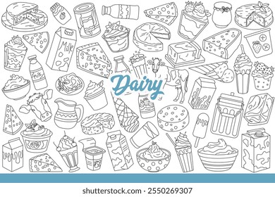 Dairy products made from fresh organic milk obtained by farmers raising cows. Dairy elements with packages of dairy products or cheese and ice cream for delicious dessert. Hand drawn.