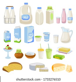 Dairy products, milk, butter, cheese, yogurt, cottage cheese, sour cream, ice cream, cream, isolated on white.. Cheese and milk, food healthy. Vector illustration