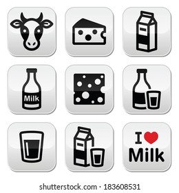 Dairy products - milk, cheese vector buttons set