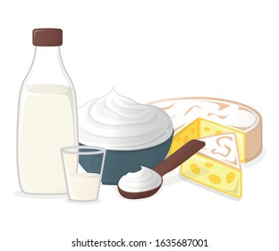 Dairy Products. Milk, Cheese and Yogurt. Concept Icon and Label. Natural and Healthy Food Symbol, Icon and Badge. Cartoon Vector illustration.