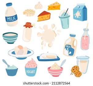 Dairy products. Milk, cream, butter, cottage cheese, eggs, cheese, yogurt. Calcium ingredient. Lactose. Healthy food. Vector cartoon illustration isolated on the white background.