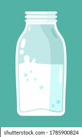 Dairy products. Milk or milk drink yogurt, illustration of white liquid bottle on blue background. White natural product organic food like farm milk, dairy drinks. Healthy lifestyle and nutrition