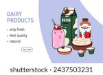 Dairy products, milk produce, web-site page background. Webpage design, online store, sale banner layout, template with kefir, yogurt, cottage cheese, cream and milkshake. Flat vector illustrations