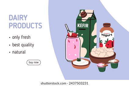 Dairy products, milk produce, web-site page background. Webpage design, online store, sale banner layout, template with kefir, yogurt, cottage cheese, cream and milkshake. Flat vector illustrations