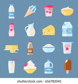 Dairy products or milk set, fresh, quality food, great taste and nutritional value. Vector flat style cartoon illustration isolated on blue background