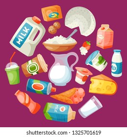 Dairy products or milk set vector illustration. Fresh, quality, organic food round pattern. Great taste and nutritional value. Milk, cheese, yogurt, cottage cheese, sour cream.