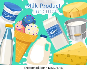 Dairy products or milk set vector illustration. Fresh, quality, organic food banner, poster. Great taste and nutritional value. Milk, cheese, yogurt, cottage cheese, ice cream.