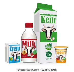 Dairy products mock up realistic Vector. Bottle, glass cup, carton boxs and yogurt. Vector 3d packaging label design.