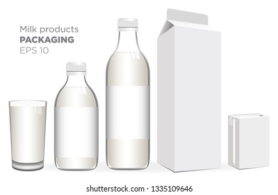 Dairy products mock up realistic. Vector. Milk bottle, glass cup, carton boxs and yogurt. Vector 3d packaging label design.
