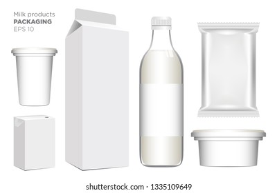 Dairy products mock up realistic. Vector. Milk bottle, glass cup, carton boxs and yogurt. Vector 3d packaging label design.