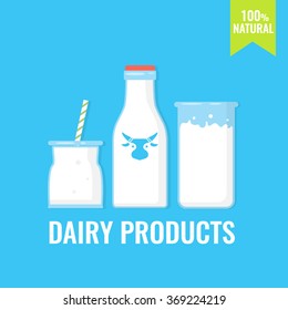 Dairy products. Natural organic food. Milk and yogurt. Vector illustration.