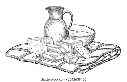 Productos lácteos en Ilustración vectorial de mantel a cuadros. Dibujo lineal de rueda de queso, mantequilla y leche en jarra pintada con tintas negras en estilo contorno. Etch de productos agrícolas para libro de cocina.