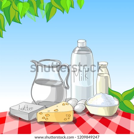 dairy products on a checkered tablecloth