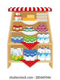 Dairy products on store shelves. Milk and yogurt, cheese and cream