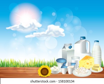 Dairy products on wooden table and sunny background vector illustration