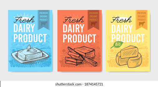 Dairy products package. Cheese butter