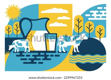 Dairy products pattern - abstract geometric background with cows, milk bottle and beautiful landscape. Great for packaging