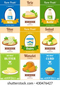 Dairy products poster set with presentation different kinds of cheese butter curd kefir and milk flat vector illustration