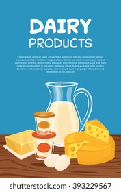 Dairy products poster template, vector illustration. Milk products on wooden table.