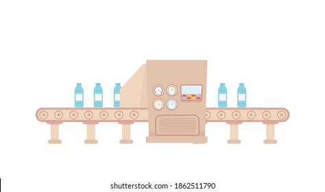 Dairy products production composition with flat image of conveyor with bottles of milk vector illustration