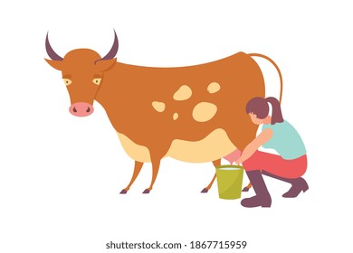 Composición de la producción de productos lácteos con visión plana de la mujer trabajadora ordeñadora ilustración vectorial de vaca