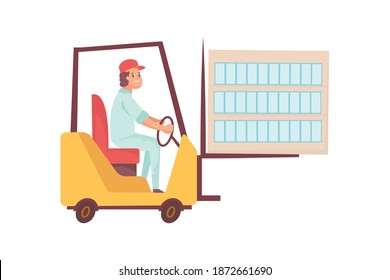 Dairy products production composition with flat character of worker driving forklift with bottles vector illustration
