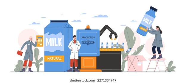 Industria de la producción de productos lácteos. Las personas de caricatura trabajan en transportador automático. Proceso de pasteurización. Embalaje de la leche embotellada. Procesamiento de alimentos. Tecnología agrícola