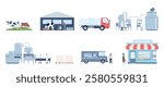 Dairy products production. Milk automated factory, cows on field and milking with machine process. Bottling and pasteurization, food store recent vector scenes