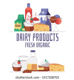 Dairy products promo banner or poster design with various milk and cheese food, flat vector illustration. Advertising of natural organic dairy nutrition distribution.