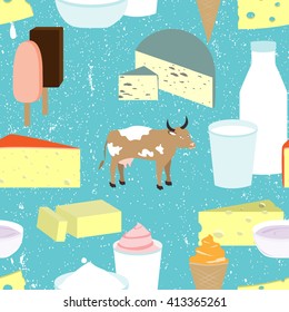 Dairy Products Seamless Pattern. Cow and Dairy Produce such as Curds, Cheese, Ice Cream, Milk, Yogurt, and Kefir. Organic and Healthy Dairy Produce.