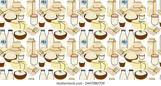 Patrón sin fisuras de productos lácteos. Leche, kéfir y yogur. Queso, mantequilla y nata. Granja orgánica de alimentos saludables. Decoración textil, papel de embalaje, diseño de Fondo de pantalla. Diseño de fondo Vector de dibujos animados plana