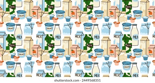 Milchprodukte nahtlose Muster. Milch, Kefir und Jogurt. Käse, Butter und Sahne. Bio-Bauernhof gesunde Lebensmittel. Dekortextilien, Einwickelpapier, Bildschirmhintergrund-Design. Hintergrund Design Vektorgrafik Cartoon Flat