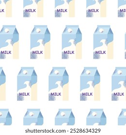 Dairy products seamless pattern. Milk, kefir and yogurt, cardboard packaging containers bottle. Different cheese, butter and cream. Organic farm healthy food vector illustration isolated on background