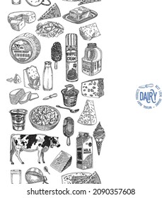 Dairy products seamless pattern Sketchy vertical seamless background with the dairy products. Cheese stock vector. 
