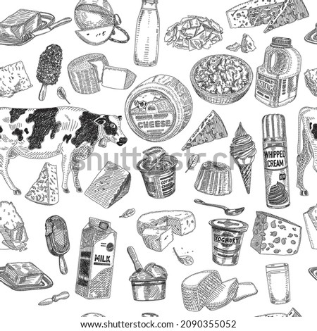 Dairy products seamless pattern. Sketchy dairy products seamless background Food vector. 