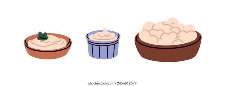 Dairy products served in bowls. Yogurt, sour cream, cottage cheese, curds dishes, pots set. Fresh milk food, healthy organic natural goods. Flat vector illustration isolated on white background